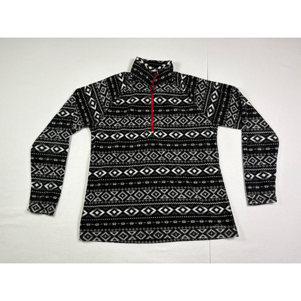 Eddie Bauer Womens Black White Fair Isle Geometric 1/4 Zip Fleece Pullover M